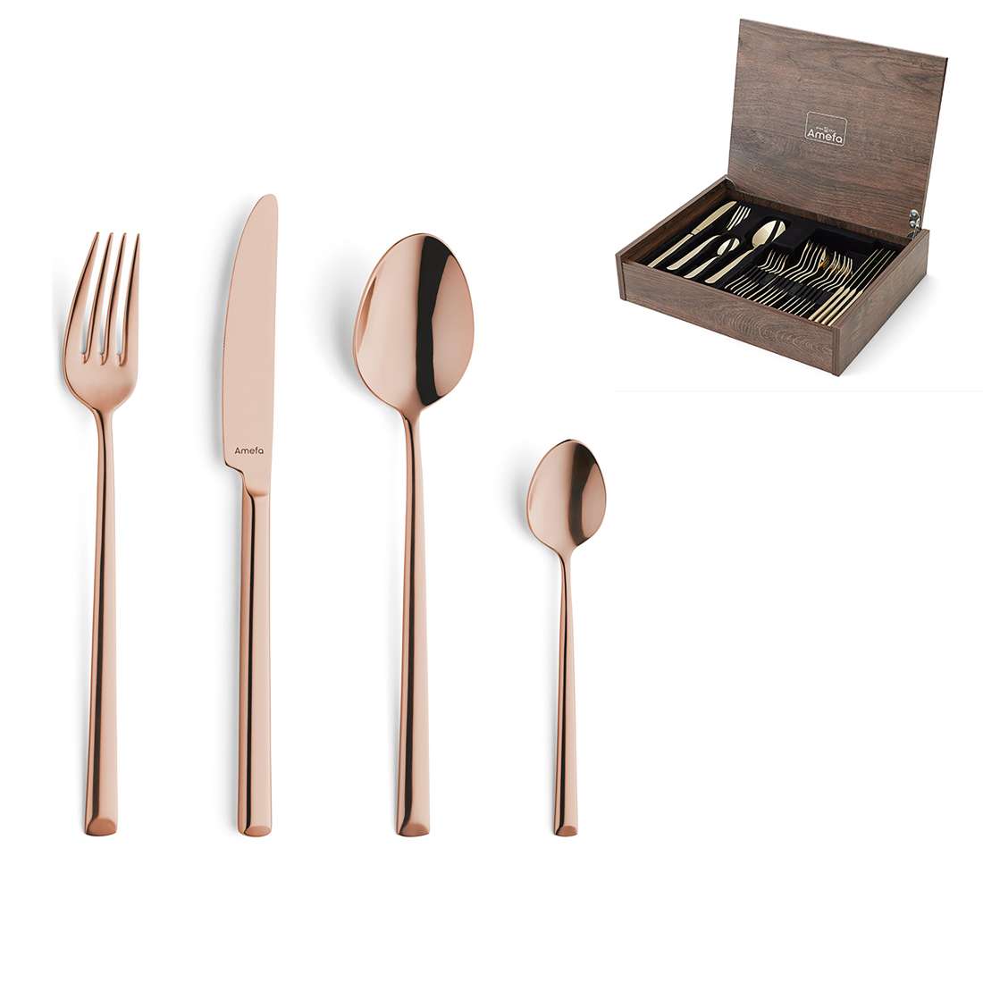 Das Amefa METROPOLE Besteckset 24-teilig PVD kupfer besteht aus elegantem Roségold (Edelstahl 18/10) und enthält Gabeln, Messer, Löffel und Teelöffel, die in einer Holzkiste mit passendem Besteck untergebracht sind.