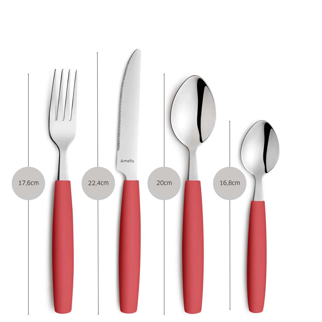 Das VALOA Besteckset 16-teilig rot von Beckmann & Rommerskirchen besteht aus vier Teilen - Gabel (17,6 cm), Messer (22,4 cm), Löffel (20 cm) und Teelöffel (16,8 cm) - für eine stilvolle und praktische moderne Tischgestaltung.