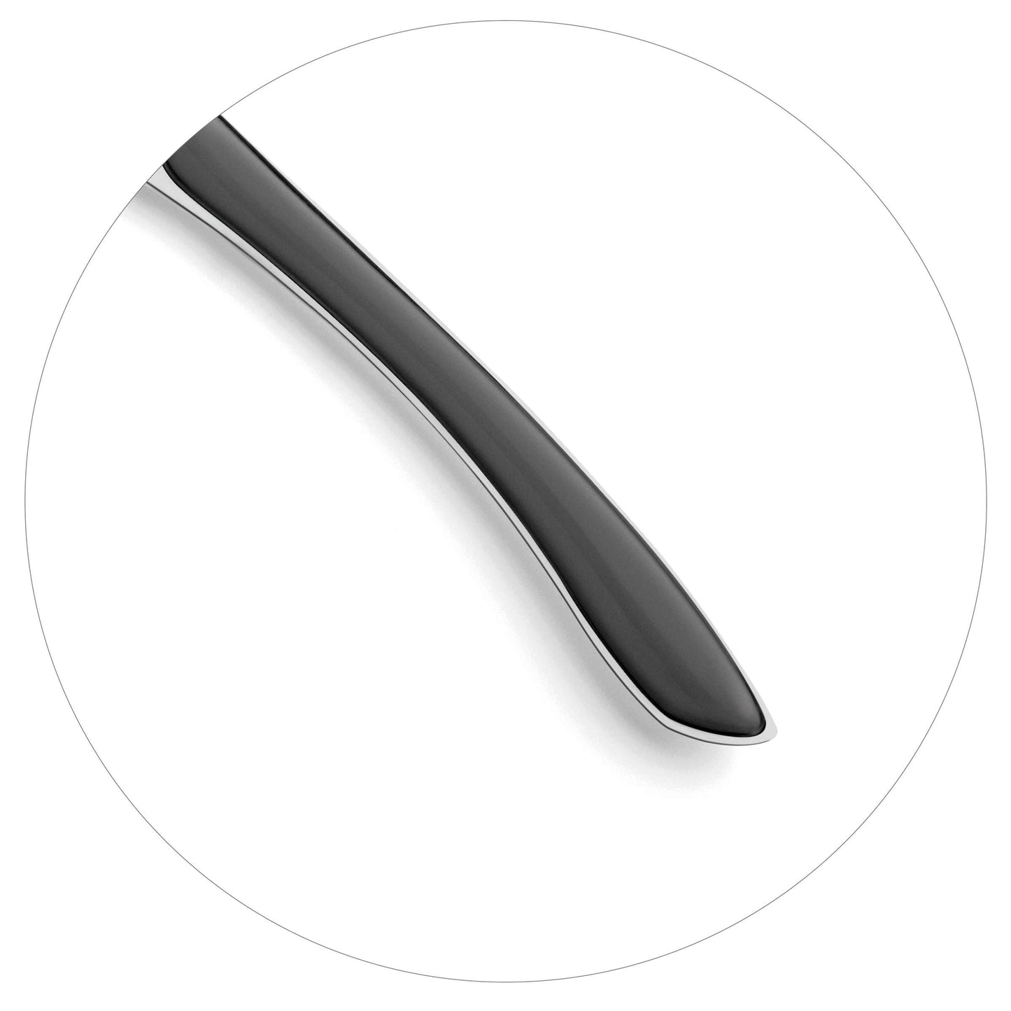 Nahaufnahme des Griffs PRISMA Kuchengabel schiefergrau von Kuppels, diagonal auf weißem Hintergrund in einem kreisförmigen Rahmen dargestellt.