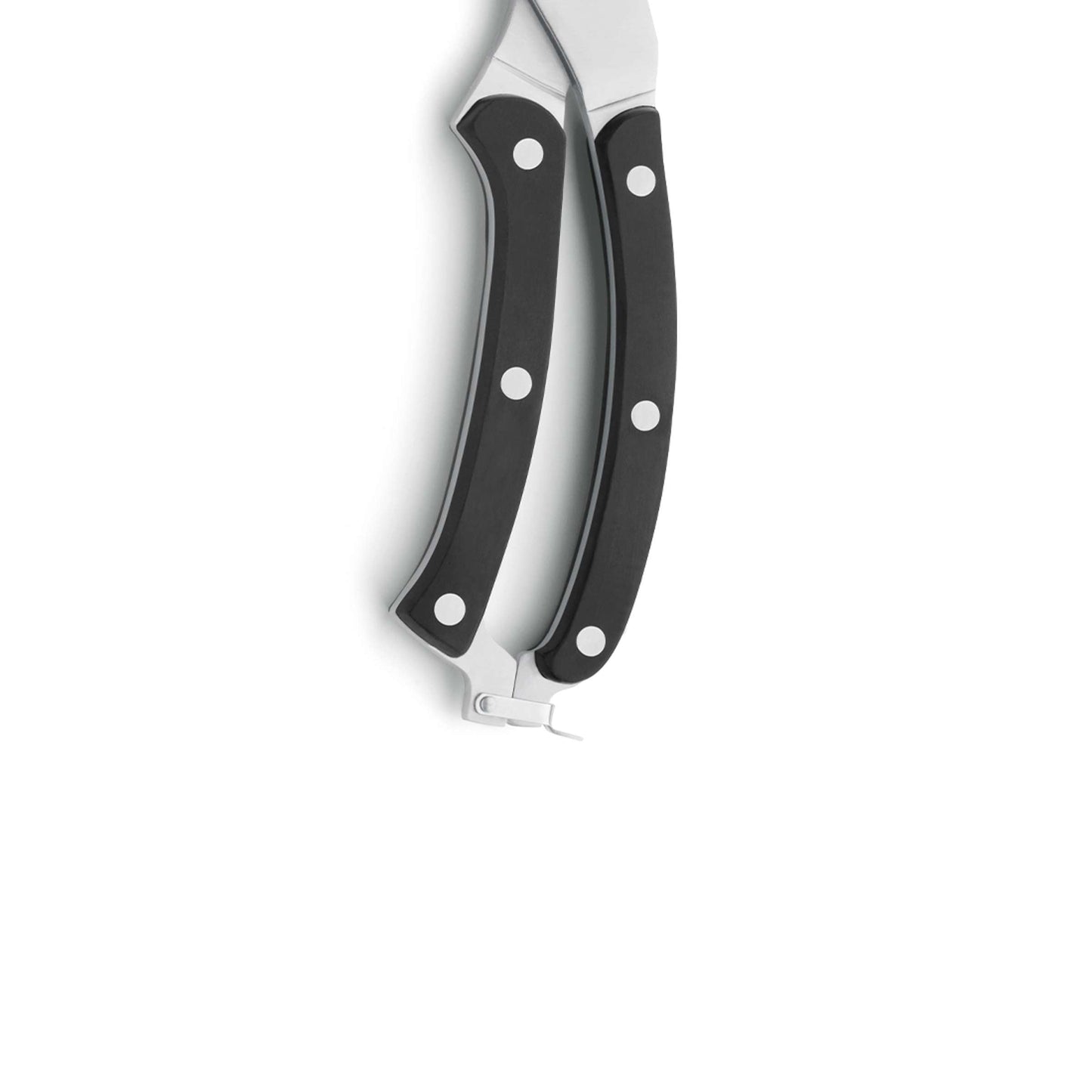 Nahaufnahme der Griffe der Amefa PREMIUM Geflügelschere, mit je drei Nieten am schwarz-silbernen Griff, gefertigt aus 3Cr14 Klingenstahl, isoliert auf weißem Hintergrund. Die vollständige Klinge ist nicht sichtbar.