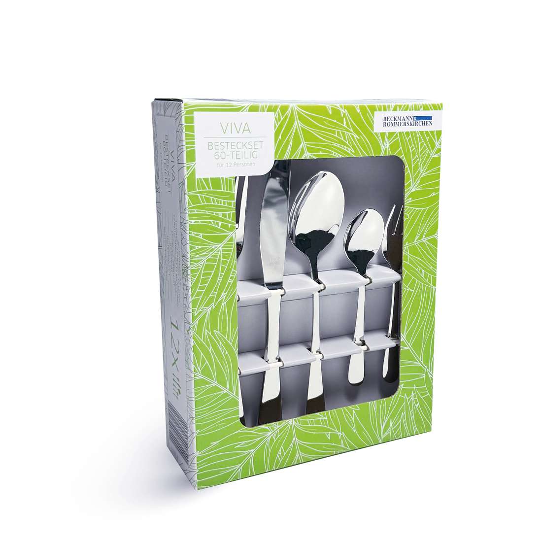 Das Beckmann & Rommerskirchen VIVA Besteckset 60-teilig ist ein 60-teiliges Besteckset aus Edelstahl in einer grün-weißen, blattgemusterten Schachtel mit Klarsichtfenster für Messer, Gabel, Löffel und Kaffeelöffel.