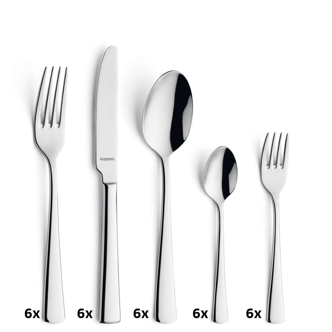 Fünf Teile des Kuppels FLAIR Besteckset 30-teilig - Essgabel, Messer, Suppenlöffel, Teelöffel und Salatgabel - werden auf weißem Grund mit einem 6-fach-Etikett präsentiert, das die hochglanzpolierte Edelstahl 18/10 Qualität hervorhebt.