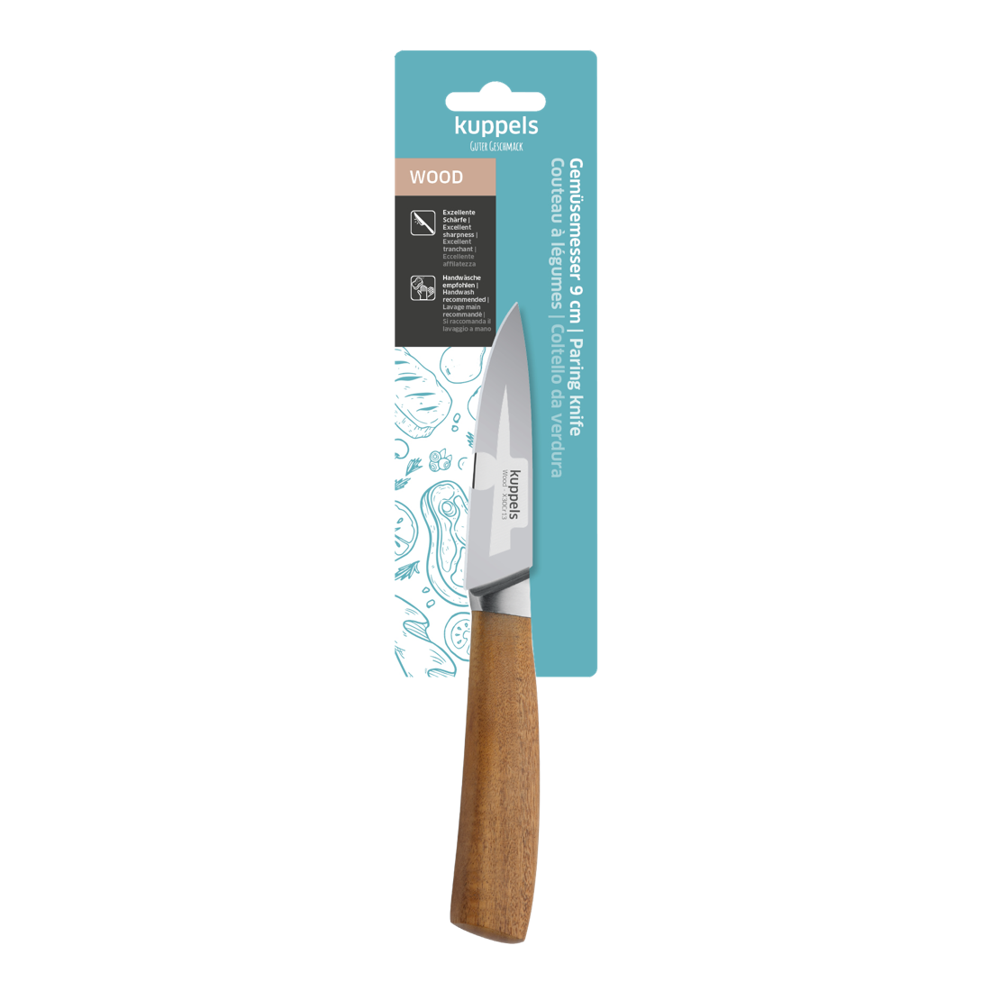 Das Kuppels WOOD Küchenmesser 2-teilig Set besteht aus einem kleinen Schälmesser mit scharfer Klinge und Akazienholzgriff, verpackt auf blau-weißem Karton mit Lebensmittelbildern und mehrsprachiger Produktinformation.