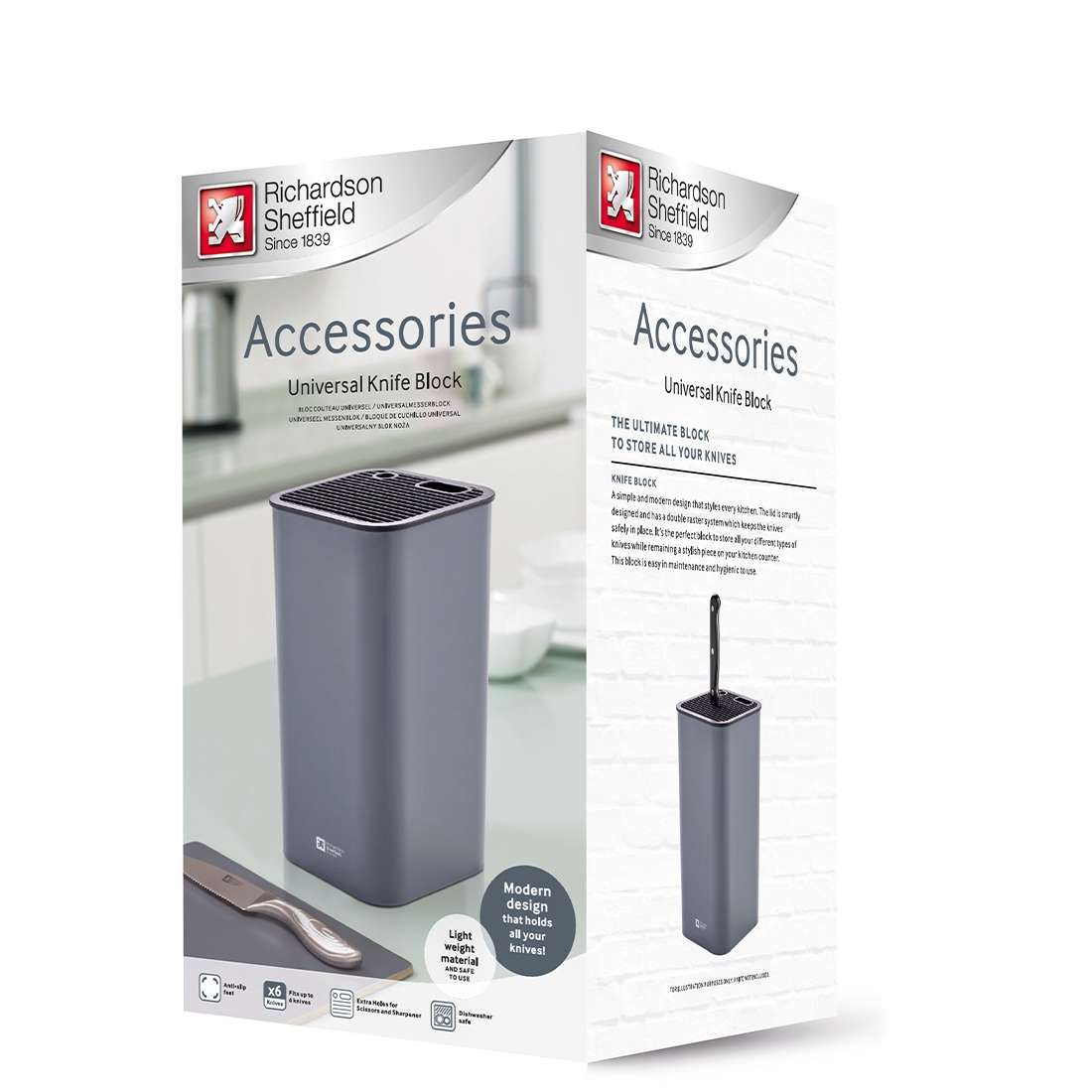 Eine Schachtel für den Richardson Sheffield Messerblock universal, die den kompakten grauen Messerblock auf einer Küchentheke und die Produktangaben auf der Verpackung zeigt.