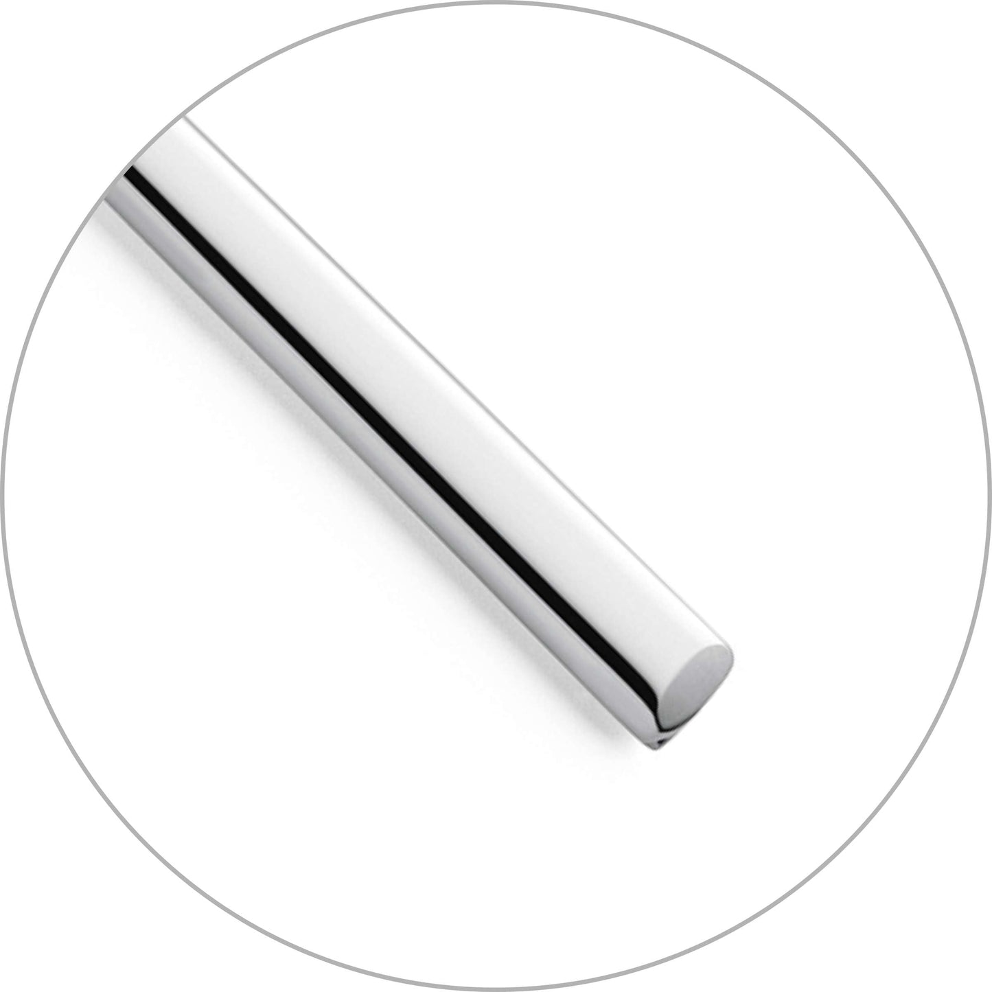 Eine Nahaufnahme des hochglanzpolierten, zylindrischen VIVENDI Besteckset 68-teilig von Paul Wirths, mit modernem Design, diagonal in einem runden Rahmen auf weißem Hintergrund dargestellt.