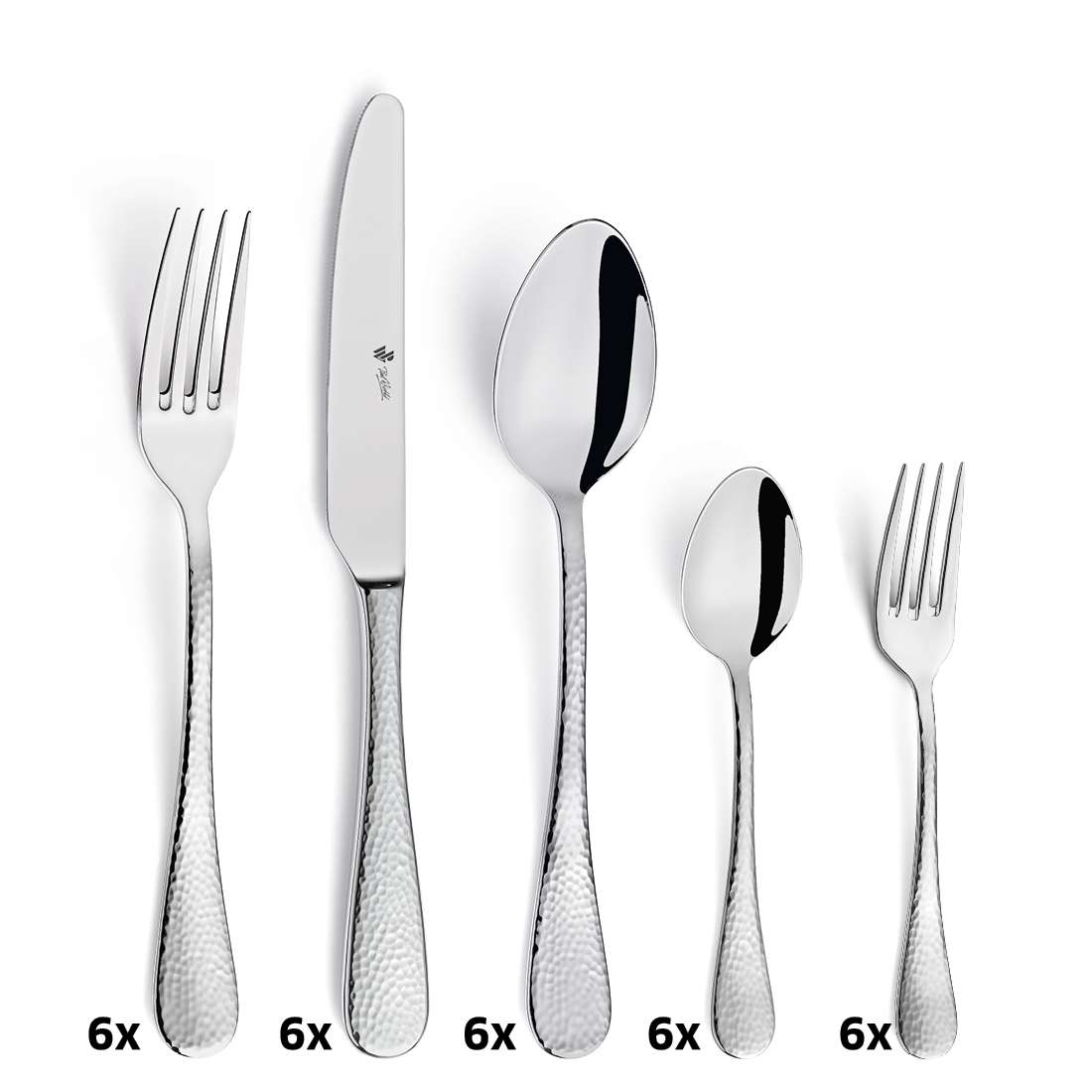 Das MONDO Besteckset 30-teilig von Paul Wirths besteht aus je sechs Essgabeln, Messern, Suppenlöffeln, Teelöffeln und Salatgabeln mit strukturierten Griffen im Hammerschlagdesign und ist aus Edelstahl 18/10 gefertigt.