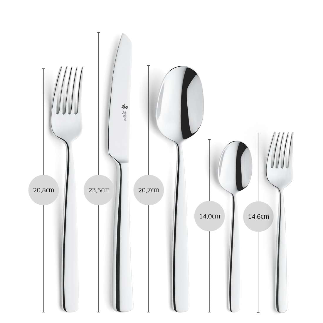 Gezeigt werden sechs Teile aus Paul Wirths COMO Besteckset 30-teilig: große Gabel (20,8 cm), Messer (23,5 cm), Löffel (20,7 cm), kleiner Löffel (14,0 cm), kleine Gabel (14,6 cm) - ein elegantes, von der asiatischen Kultur inspiriertes Set.