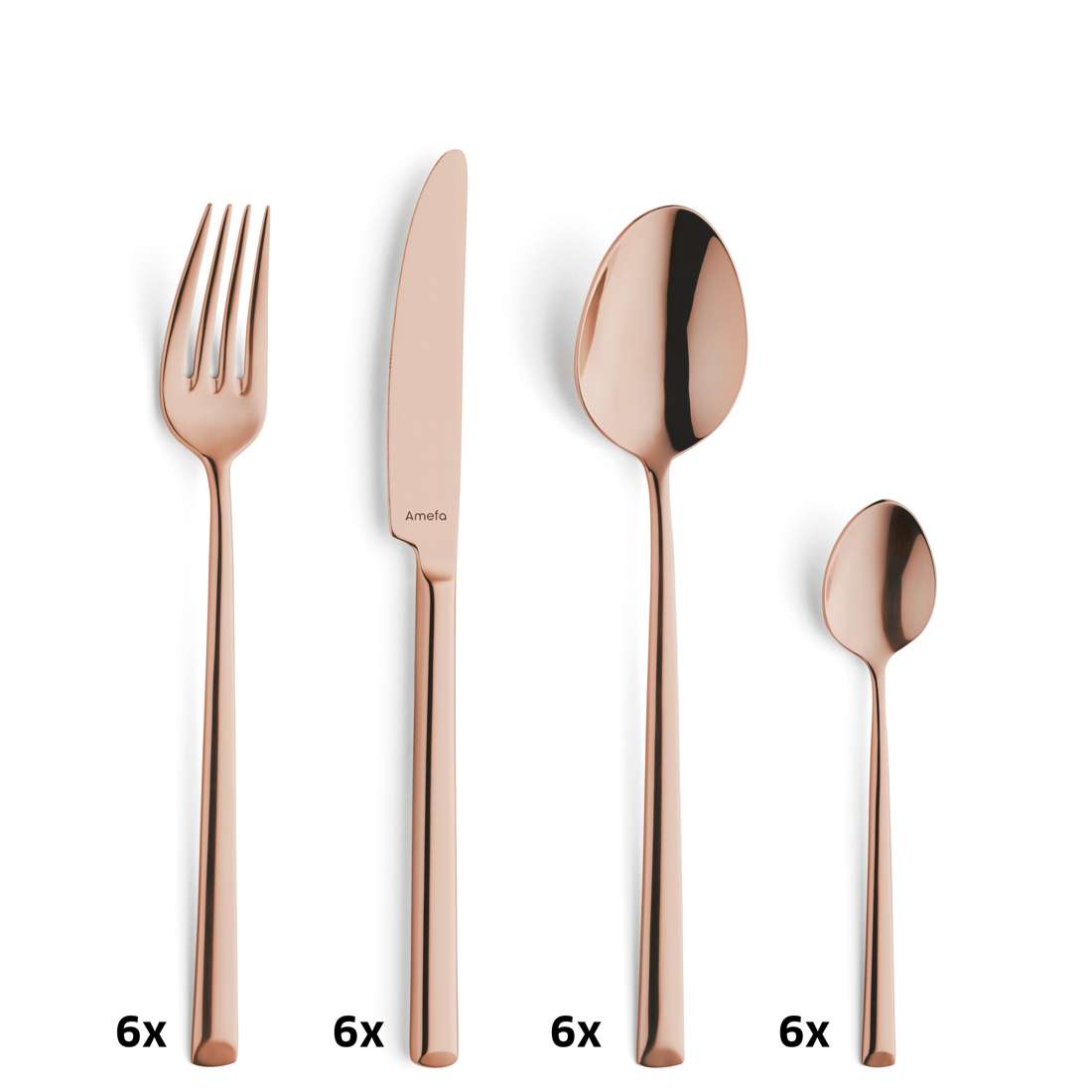 Das Amefa METROPOLE Besteckset 24-teilig PVD kupfer enthält je sechs Gabeln, Messer, Löffel und Teelöffel. Hergestellt aus Edelstahl 18/10 mit eleganter PVD Veredelung für dauerhaften Glanz und Haltbarkeit.