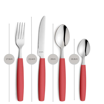 Das VALOA Besteckset 16-teilig rot von Beckmann & Rommerskirchen besteht aus vier Teilen - Gabel (17,6 cm), Messer (22,4 cm), Löffel (20 cm) und Teelöffel (16,8 cm) - für eine stilvolle und praktische moderne Tischgestaltung.