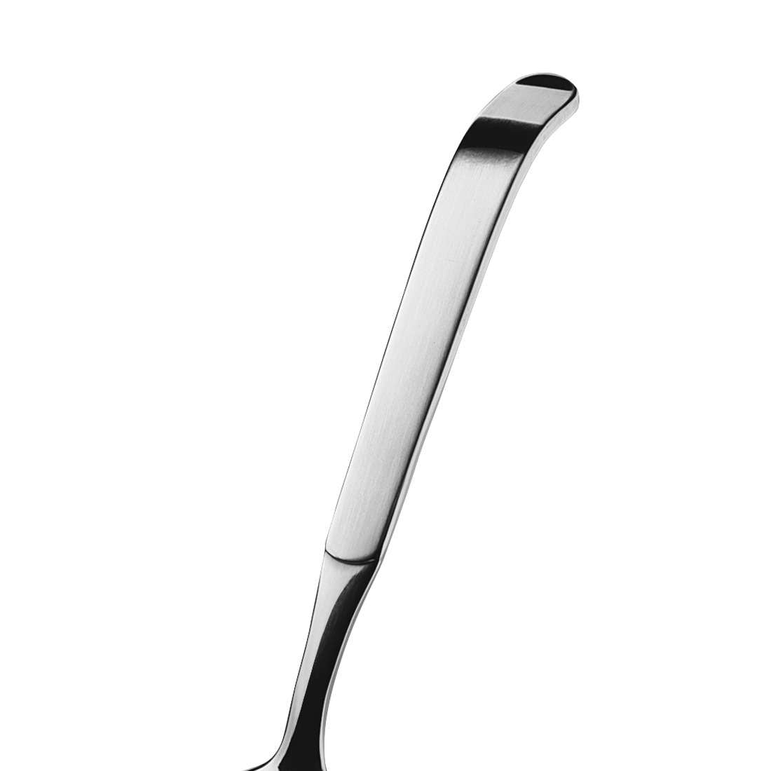 Nahaufnahme des Griffs des Amefa BUFFET Tortenhebers aus hochwertigem Edelstahl 18/10. Der glänzende, glatte Griff ist am Ende leicht gebogen, ideal zur Ergänzung Ihres Servierbestecks, vor einem weißen Hintergrund.