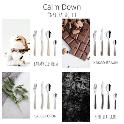 Die Collage "Calm Down" hebt den Kuppels PRISMA Menülöffel salbeigrün, gepaart mit Salbeiblättern, als Teil von vier Themensets mit farbigem Besteck in abgestimmten Farben hervor und schafft so ein beruhigendes, harmonisches Bild.