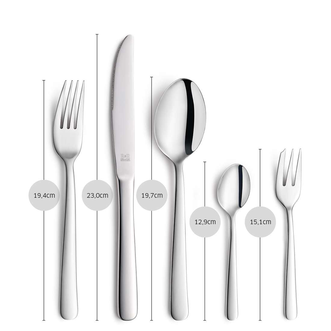 Sechs Teile aus dem LUNA Besteckset 60-teilig von Beckmann & Rommerskirchen - Gabel, Menümesser, Esslöffel, Dessertlöffel, Kaffeelöffel und Dessertgabel - sind fein säuberlich in einer Reihe angeordnet und mit ihrer Länge in Zentimetern beschriftet.