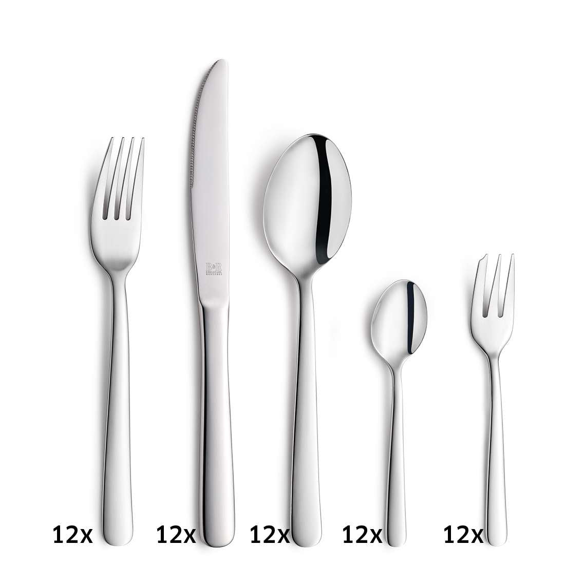 Das LUNA Besteckset 60-teilig von Beckmann & Rommerskirchen besteht aus je 12 Tafelgabeln, Menümessern, Suppenlöffeln, Kaffeelöffeln und Dessertgabeln, die alle aus Edelstahl gefertigt sind.