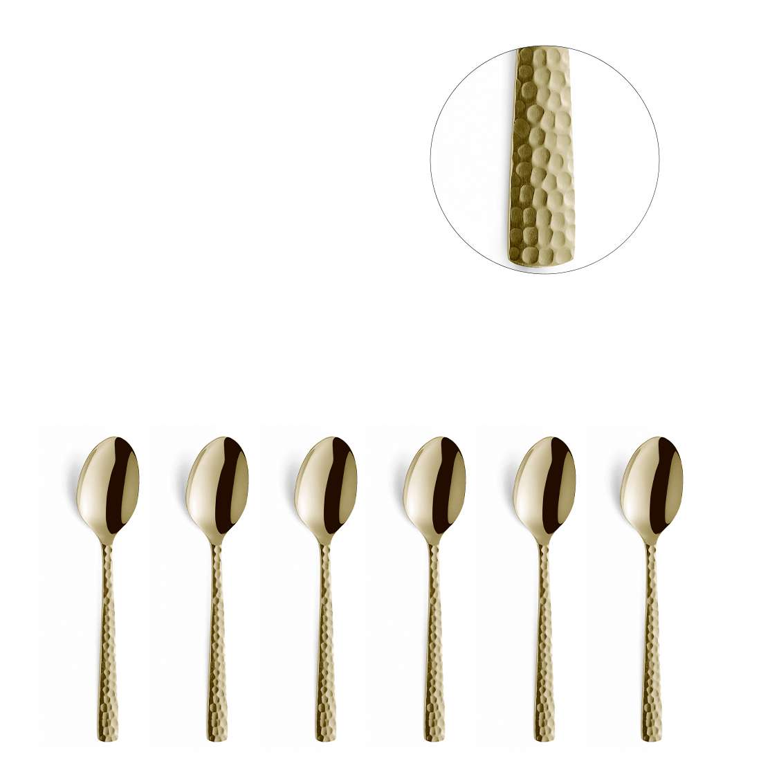 Sechs FELICITY Mocca-/Espressolöffel von Amefa, PVD-Champagner-Finish, sind in einer Reihe angeordnet. Ein eingelassener Kreis zeigt die detailgetreue Verarbeitung und Qualität des in diesem 6-teiligen Set verwendeten Edelstahl 18/0.