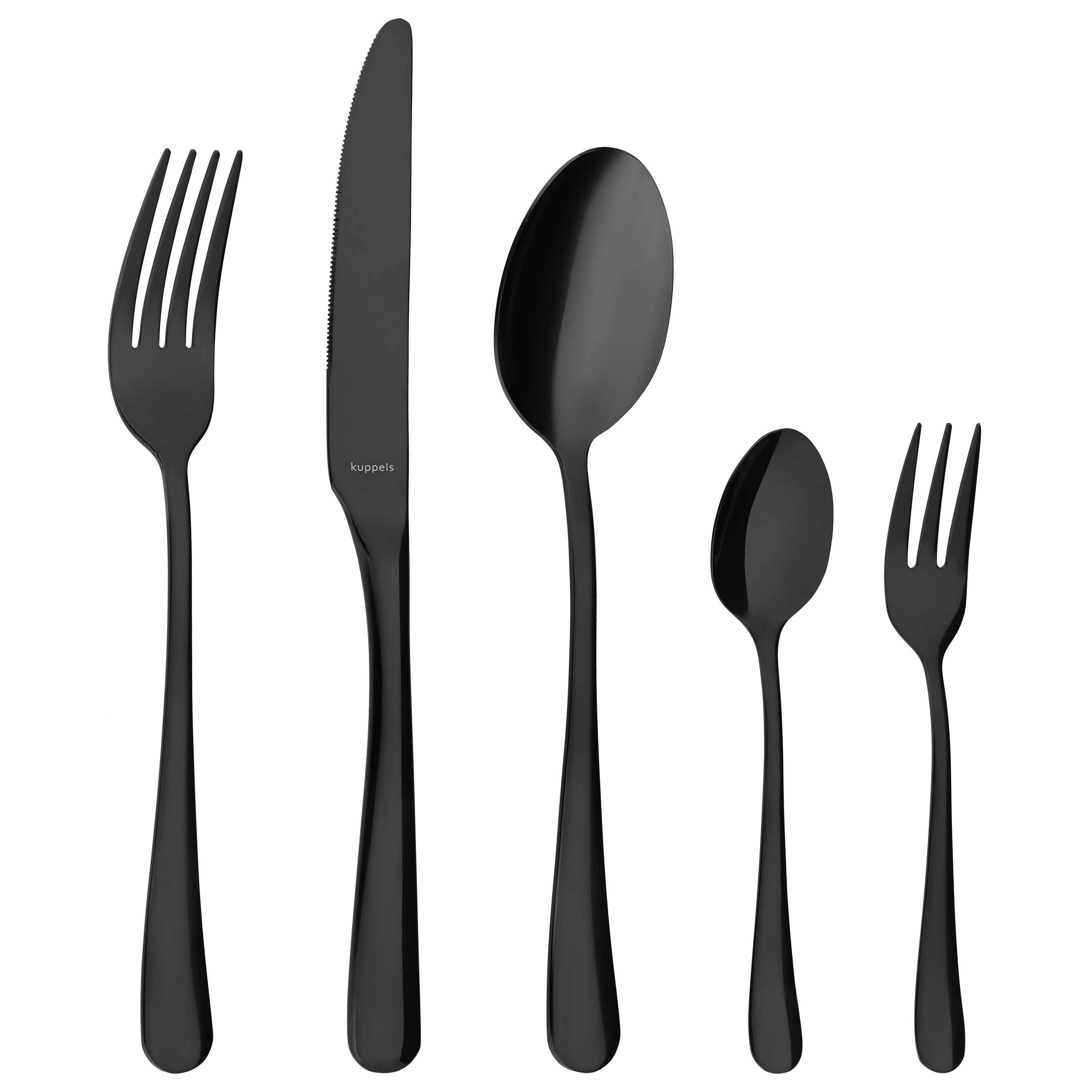 Das Kuppels Home DELIA Besteckset 30-teilig PVD schwarz ist auf einem weißen Hintergrund abgebildet, mit einer Tafelgabel, einem Tafelmesser, einem Suppenlöffel, einem Teelöffel und einer Salatgabel in einer Reihe von links nach rechts.