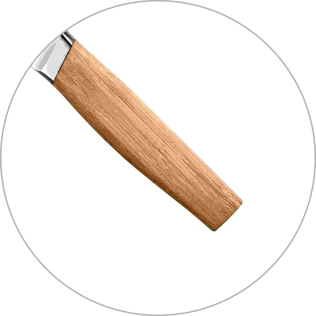 Nahaufnahme eines Holzgriffs mit Metallende, Teil des Richardson Sheffield NOMAD Messerblock 5-teilig, dargestellt in einem runden Rahmen auf weißem Hintergrund.