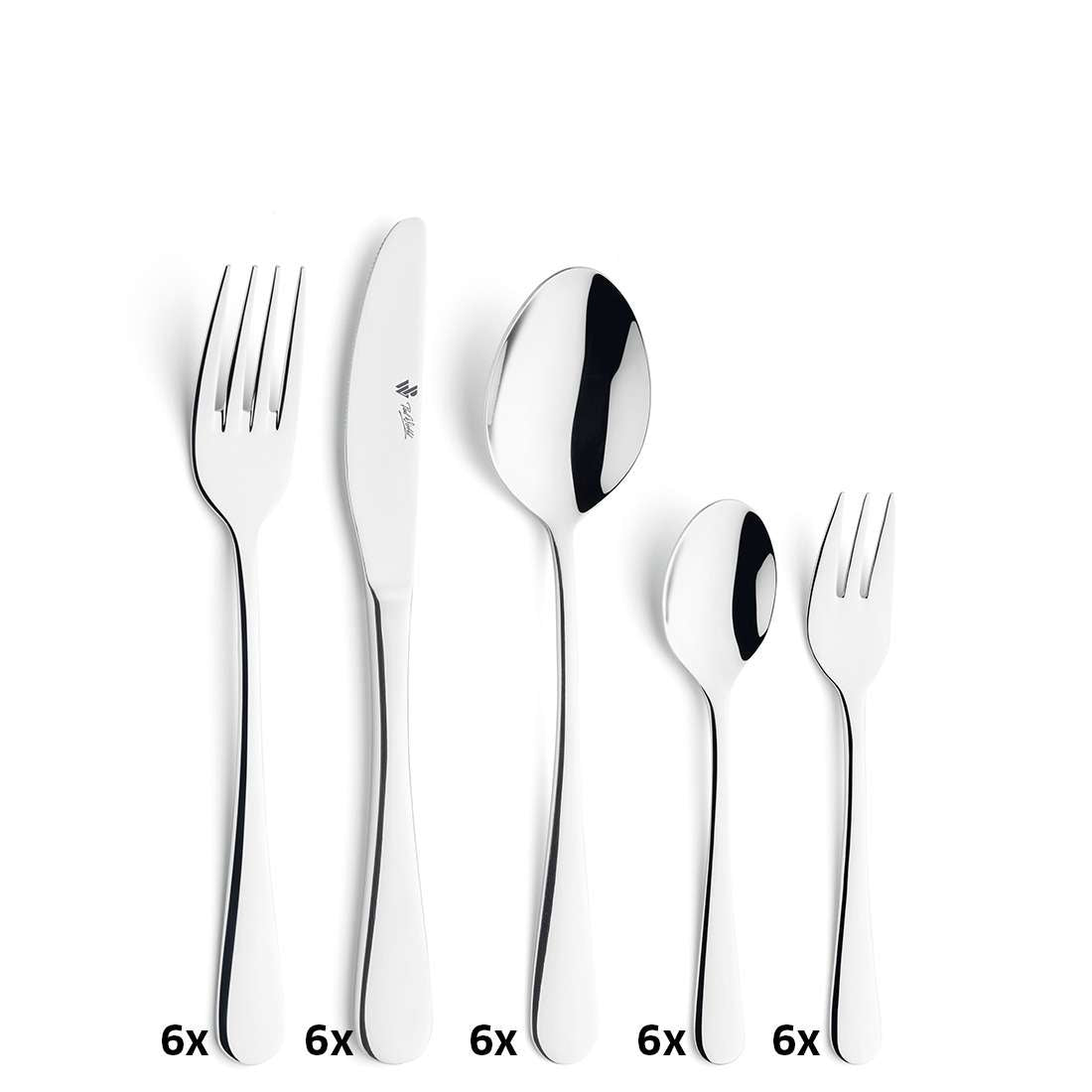 Fünf Stücke aus Paul Wirths RHODOS Besteckset 30-teilig - Gabel, Messer, Suppenlöffel, Kaffeelöffel und Dessertgabel - werden in einer Reihe mit Spiegelungen und "6x" darunter ausgestellt, so dass von jedem eleganten Stück sechs Stück zu sehen sind.