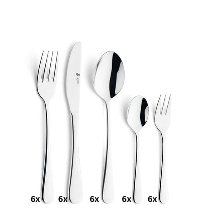 Fünf Stücke aus Paul Wirths RHODOS Besteckset 30-teilig - Gabel, Messer, Suppenlöffel, Kaffeelöffel und Dessertgabel - werden in einer Reihe mit Spiegelungen und "6x" darunter ausgestellt, so dass von jedem eleganten Stück sechs Stück zu sehen sind.