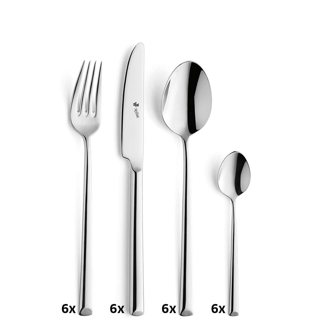 Das VIVENDI Besteckset 24-teilig silber von Paul Wirths beinhaltet Gabel, Messer, großen und kleinen Löffel (je 6x). Seine hochglanzpolierte Oberfläche und modernes Design machen dieses Edelstahlbesteck sowohl stilvoll als auch praktisch.