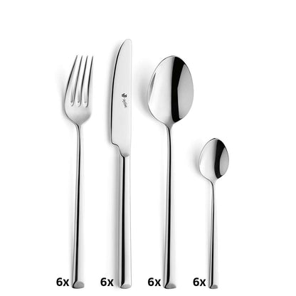 Das VIVENDI Besteckset 24-teilig silber von Paul Wirths beinhaltet Gabel, Messer, großen und kleinen Löffel (je 6x). Seine hochglanzpolierte Oberfläche und modernes Design machen dieses Edelstahlbesteck sowohl stilvoll als auch praktisch.
