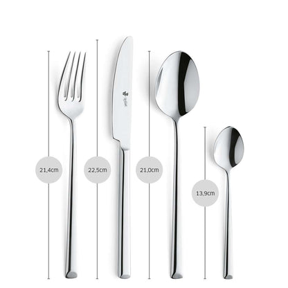 Das Paul Wirths VIVENDI Besteckset 24-teilig silber besteht aus Gabel, Messer, großem Löffel und kleinem Löffel in modernem Design, hochglanzpoliert Edelstahl, senkrecht aufgestellt; Höhen: 21,4 cm, 22,5 cm, 21,0 cm und 13,9 cm.