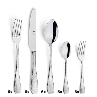 Das MONDO Besteckset 30-teilig von Paul Wirths besteht aus je sechs Essgabeln, Messern, Suppenlöffeln, Teelöffeln und Salatgabeln mit strukturierten Griffen im Hammerschlagdesign und ist aus Edelstahl 18/10 gefertigt.