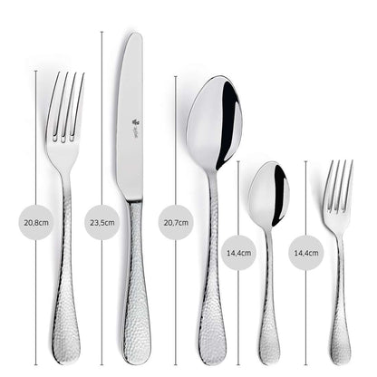 Das Paul Wirths MONDO Besteckset 30-teilig zeigt sechs elegante Besteckteile im Hammerschlagdesign (Gabel, Messer, Löffel) hochkant mit beschrifteten Längen in cm. Hergestellt aus hochwertigem Edelstahl 18/10.