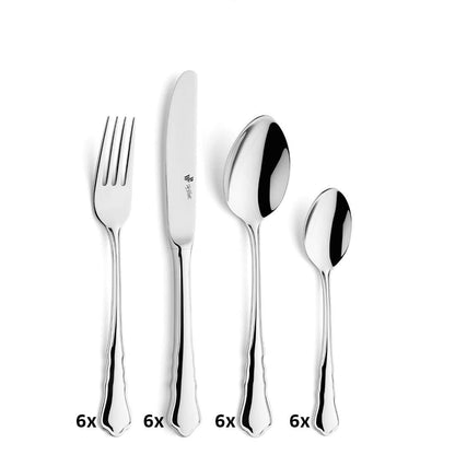 Das Paul Wirths CHIPPENDALE Besteckset 24-teilig ist ein klassisches Set aus 18/10 Edelstahl mit dekorativen Griffen, bestehend aus je sechs Gabeln, Messern, Esslöffeln und Kaffeelöffeln.