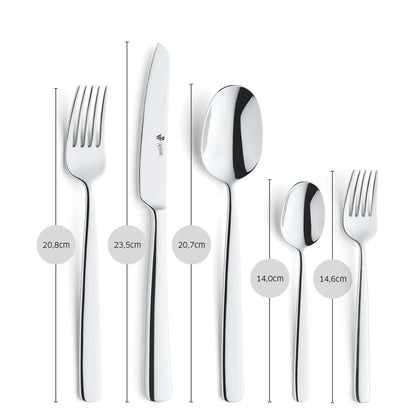 Gezeigt werden sechs Teile aus Paul Wirths COMO Besteckset 30-teilig: große Gabel (20,8 cm), Messer (23,5 cm), Löffel (20,7 cm), kleiner Löffel (14,0 cm), kleine Gabel (14,6 cm) - ein elegantes, von der asiatischen Kultur inspiriertes Set.