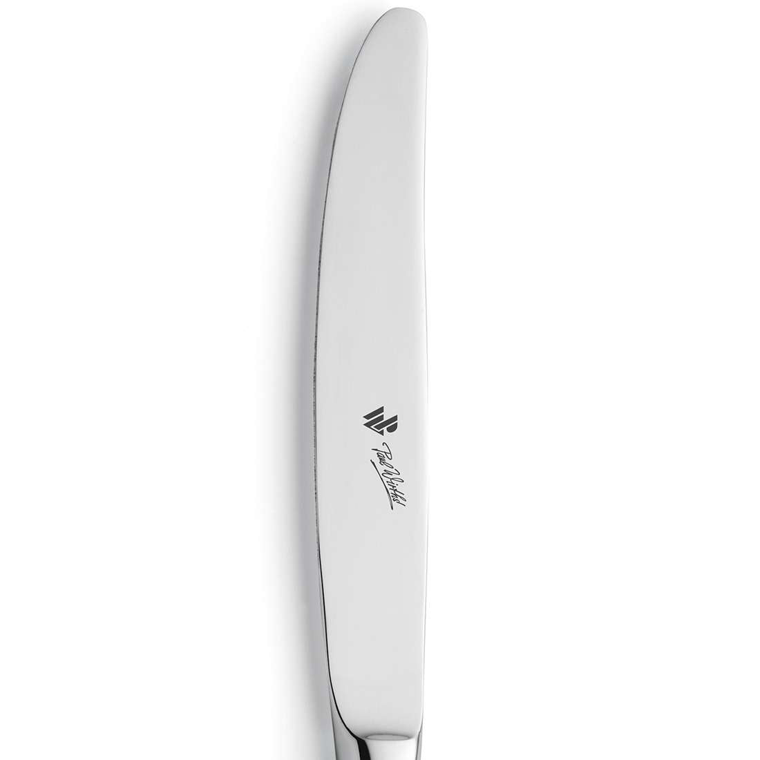 Das Paul Wirths AUGSBURGER FADEN Menümesser Hohlheft aus rostfreiem Edelstahl 18/10 verfügt über eine glatte Klinge und ein eingraviertes Logo auf dem Griff, das senkrecht vor einem weißen Hintergrund steht.