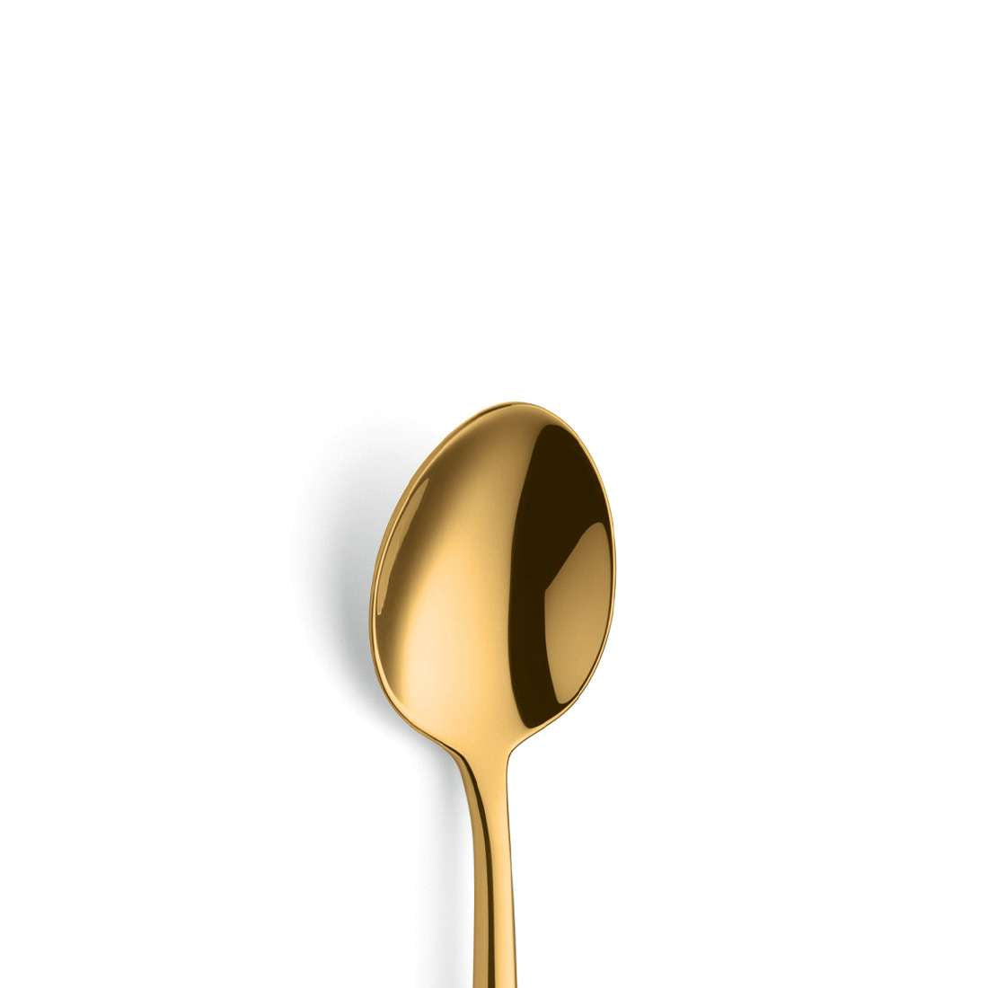 Ein VIVENDI Kaffeelöffel PVD gold von Paul Wirths steht mittig auf einem einfarbig weißen Hintergrund, seine Schale ist nach oben gerichtet und der Henkel unten teilweise sichtbar.